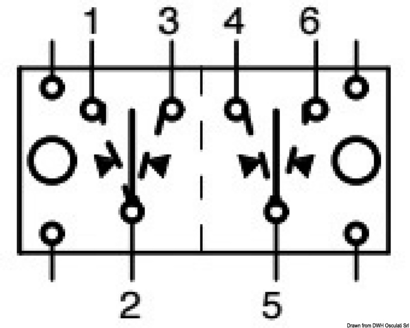 Impermeabili IP56. Richiedono per l’installazione un foro rettangolare da 21,5x36,8 mm. Capacità massima 20 A a 12V e 15 A 24 V. Completi di doppia illuminazione: uno che illumina il simbolo dell’utenza a cui é collegato, sempre acceso (per essere rintracciato al buio), il secondo che illumina una apposita fessura sotto il simbolo che si accende come spia quando si attiva l’utenza, bascula da ordinare a parte.