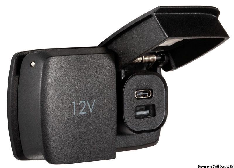 Presa stagna IPX4 quando chiusa.Di piccolissime dimensioni. Disponibile in 3 versione: prese USB A+C, presa corrente e versione combo (USB + presa corrente).