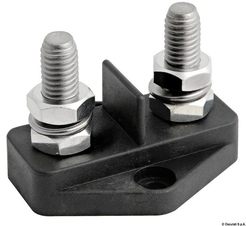 Adatti per alti amperaggi, che sono determinati non dal nodo, ma dal diametro dei cavi elettrici. Base in nylon/fibra vetro. Perno in acciaio inox. Dadi in ottone cromato.