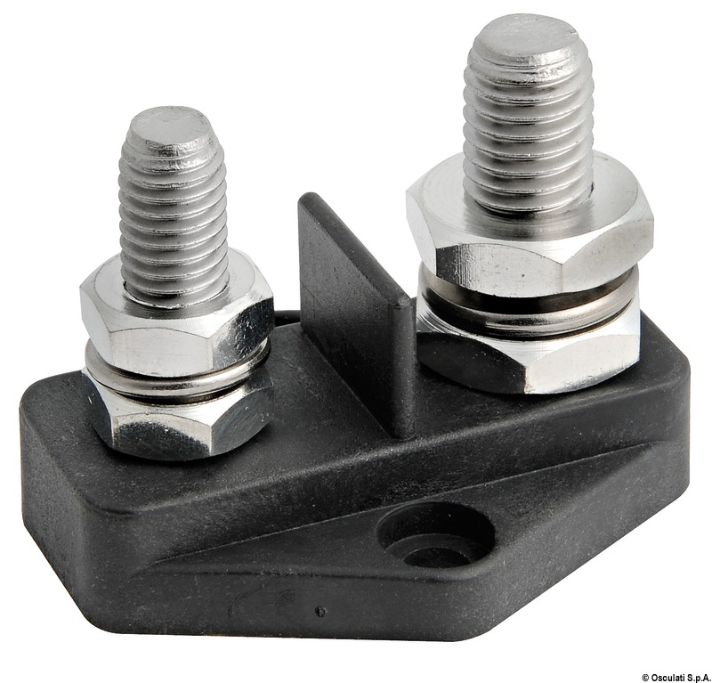 Adatti per alti amperaggi, che sono determinati non dal nodo, ma dal diametro dei cavi elettrici. Base in nylon/fibra vetro. Perno in acciaio inox. Dadi in ottone cromato.
