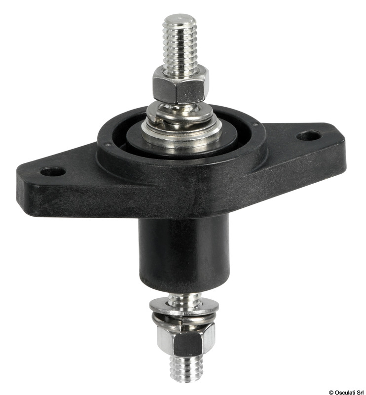Adatto per alti amperaggi. Base in nylon/fibra vetro. Perno e dadi in acciaio inox.