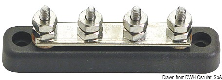 Base plastica ad alta capacità isolante. Barra di supporto in rame nichelato, viti e dadi in acciaio inox. volt 12/48.