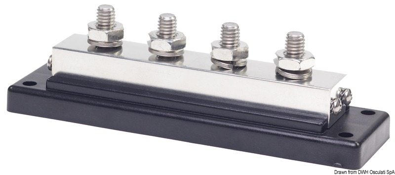 Base plastica ad alta capacità isolante. Barra di supporto in rame nichelato, viti e dadi in acciaio inox. volt 12/48.