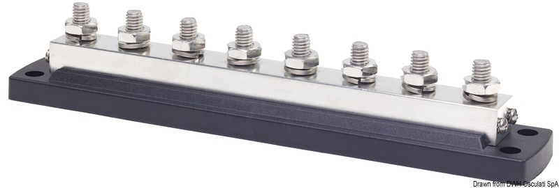 Base plastica ad alta capacità isolante. Barra di supporto in rame nichelato, viti e dadi in acciaio inox. volt 12/48.