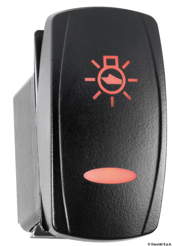 Impermeabili IP56, richiedono per l'installazione un foro rettangolare da 21,5x36,8 mm. Capacità max 20 A/12 V e 10 A/24V. Completi di doppio LED, uno che illumina il simbolo dell'utenza sempre acceso ed uno che segnala l'attivazione dell'interruttore.