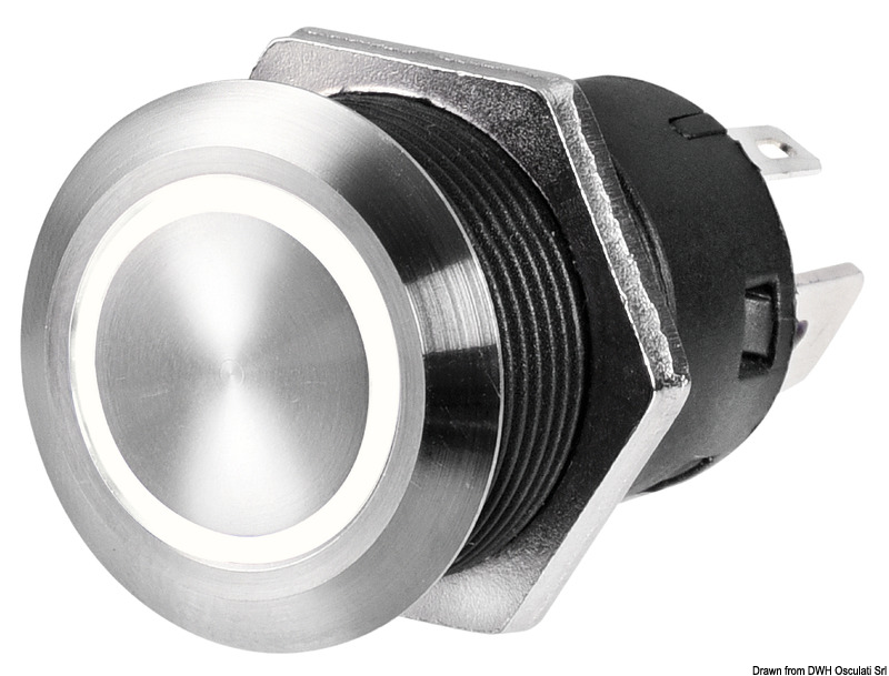 Carcassa in acciaio inox AISI 316 realizzata con CNC. Portata 20 A a 12 V.Impermeabile IP67 (immersione temporanea). Corona luminosa a LED. Durata 20.000 cicli.Cavi collegati schema "A" : corona led sempre accesa.Cavi collegati schema "B" : corona led accesa solo in "ON".