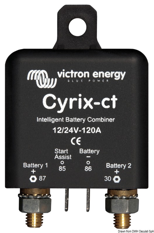 Si tratta di un relay potente che tramite un microprocessore collega automaticamente in parallelo le batterie quando una di esse ha raggiunto il voltaggio predeterminato e le separa quando il voltaggio scende sotto il livello FLOATING.I Cryrix-I sono un ottima alternativa ai separatori a diodi in quanto non c'è caduta di tensione.Il montaggio classico prevede l'alternatore collegato direttamente alla batteria avviamento. Batteria servizi, ed elica di prua sono abbinate alla batteria avviamento con il Cyrix-I.Quando Cyrix-I sente che la batteria avviamento è carica, si attiverà permettendo la carica in parallelo delle altre batterie. Cryix-I percepisce la tensione di entrambe le batterie. Si attiverà perciò se per esempio la batteria servizi è sotto caricabatteria.