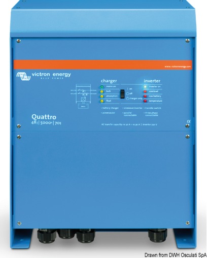 Stesse funzioni del sistema Multiplus, ma può essere connesso a 2 sorgenti AC indipendenti (ad esempio banchina e generatore o 2 generatori) e il sistema Quattro si collegherà automaticamente alla sorgente attiva.