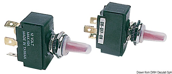 Resi stagni tramite cappuccio in silicone trasparente che permette il passaggio dell'illuminazione della levetta. Attacchi posteriori faston.