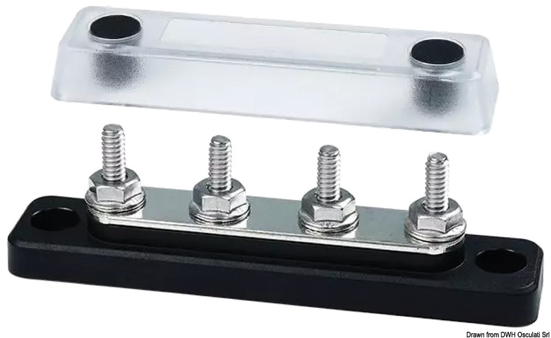 Completi di cover trasparente. Basi in tecnopolimero e barre in rame stagnato.Viteria in acciaio inox. Fissaggio dei cavi direttamente sulla barra, senza dadi interposti.Rotazione cavi di potenza in ogni direzione. Voltaggio fino a 48 V.