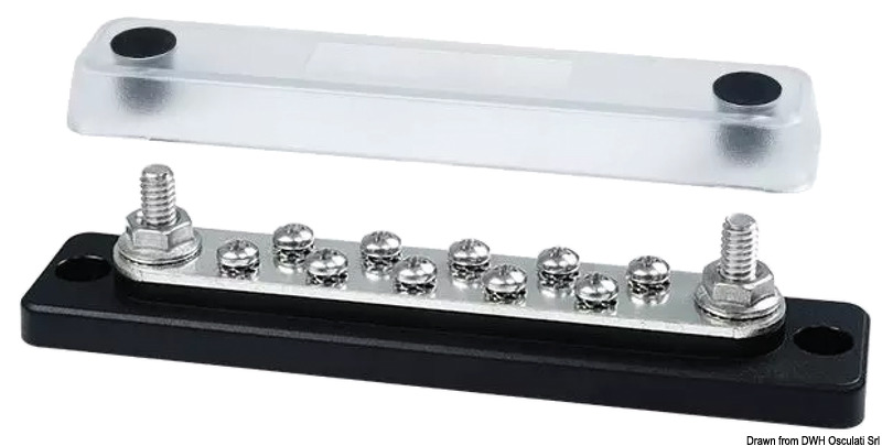 Completi di cover trasparente. Basi in tecnopolimero e barre in rame stagnato.Viteria in acciaio inox. Fissaggio dei cavi direttamente sulla barra, senza dadi interposti.Rotazione cavi di potenza in ogni direzione. Voltaggio fino a 48 V.