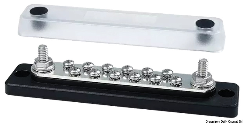 Completi di cover trasparente. Basi in tecnopolimero e barre in rame stagnato.Viteria in acciaio inox. Fissaggio dei cavi direttamente sulla barra, senza dadi interposti.Rotazione cavi di potenza in ogni direzione. Voltaggio fino a 48 V.