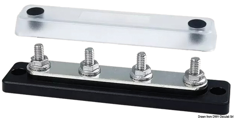 Completi di cover trasparente. Basi in tecnopolimero e barre in rame stagnato.Viteria in acciaio inox. Fissaggio dei cavi direttamente sulla barra, senza dadi interposti.Rotazione cavi di potenza in ogni direzione. Voltaggio fino a 48 V.
