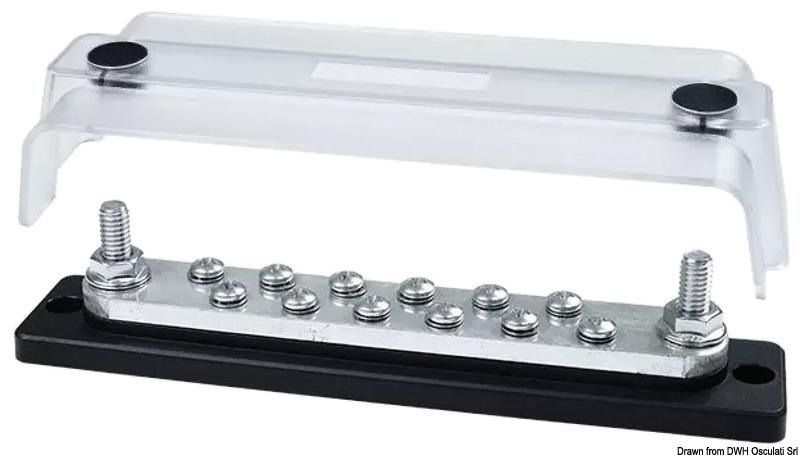 Completi di cover trasparente. Basi in tecnopolimero e barre in rame stagnato.Viteria in acciaio inox. Fissaggio dei cavi direttamente sulla barra, senza dadi interposti.Rotazione cavi di potenza in ogni direzione. Voltaggio fino a 48 V.