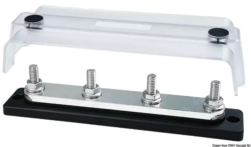 Completi di cover trasparente. Basi in tecnopolimero e barre in rame stagnato.Viteria in acciaio inox. Fissaggio dei cavi direttamente sulla barra, senza dadi interposti.Rotazione cavi di potenza in ogni direzione. Voltaggio fino a 48 V.