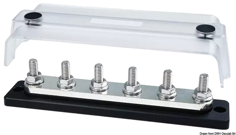 Completi di cover trasparente. Basi in tecnopolimero e barre in rame stagnato.Viteria in acciaio inox. Fissaggio dei cavi direttamente sulla barra, senza dadi interposti.Rotazione cavi di potenza in ogni direzione. Voltaggio fino a 48 V.