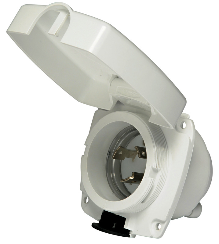 Presa con corpo in Luran resistente UV, copertura posteriore protezione cavi, contatti in ottone argentato. Spina in policarbonato + Moplen con sistema blocca cavo e contatti in ottoneargentato. Voltaggio 220/110. Amperaggio max 30A.