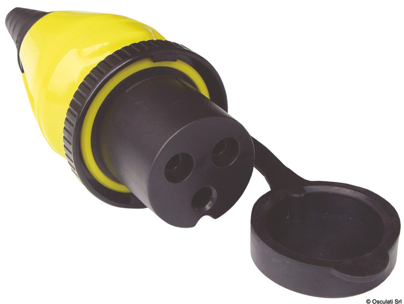 Presa da incasso a 3 poli maschio con portello a tenuta stagna e copertura posteriore per protezione cavi, contatti in ottone argentato.Spina volante femmina (in policarbonato + Moplen) con sistema blocca cavo e contatti in ottone argentato; cappuccio proteggi spina in PVC con ghiera a rotazione rapida in Luran resistente UV.