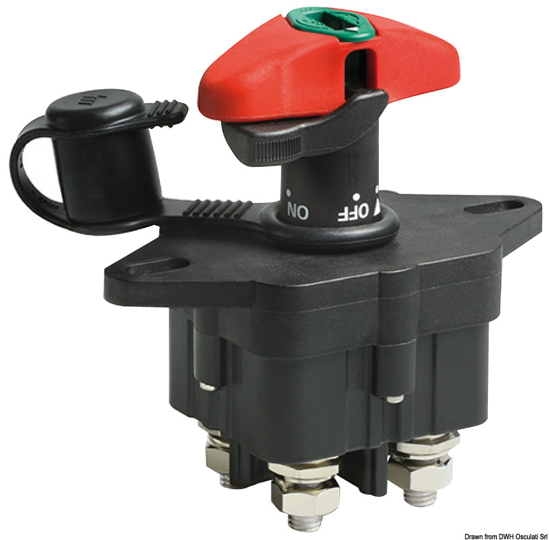 Provvisto di 4 contatti posteriori. Manettino fisso o rimovibile con chiave.Contatti in rame argentato M 10. Prodotto ad alta performance.Questo staccabatteria è indispensabile sulle barche con scafo metallico. Speciale leva per facilitare blocco/sblocco.Ingresso chiave IP65.