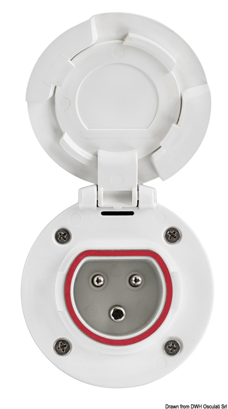 Presa e spina nautica per cavo elettrico banchina da 16A - 230V.Realizzati in PA6, dotata di contatti ad alta resa energetica e tappo di chiusura IP67.La spina è disegnata per garantire una impugnatura ergonomica e la ghiera rotante permette di assicurarla saldamente alla presa in barca con una chiusura stagna IP67, mentre il tappo in gomma garantisce una tenuta IP44 quando non è collegata.Il design pulito e le ridotte dimensioni permettono di poter installare comodamente la presa in qualsiasi punto del pozzetto.Conforme agli standard europei di sicurezza IEC 60309-5.