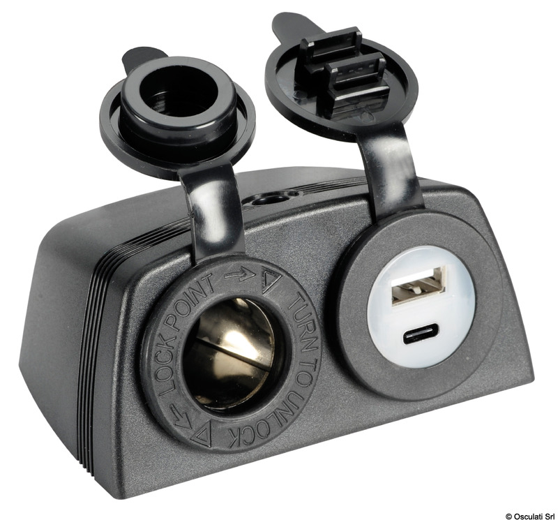 Fabbricate in nylon con cappuccio di protezione per renderle impermeabili. Ingresso 12/24 V. Uscita USB 5V.