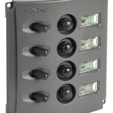 Carcassa in policarbonato grigio scuro. LED permanente verde che illumina le etichette con le funzioni. LED rosso che si attiva su "ON". Viti di fissaggio invisibili. Primo interruttore ON-OFF-ON con 2 circuiti separati e on-off con ritorno per i modelli 14.850.05/06.