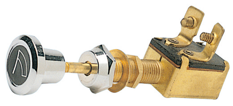 Caratteristiche: - a) corpo in ottone marino - b) contatti argentati - c) molla interna in bronzo - d) collo lungo (perno Ø 10x32 mm) per ogni applicazione - e) pomello cromato con simbologia