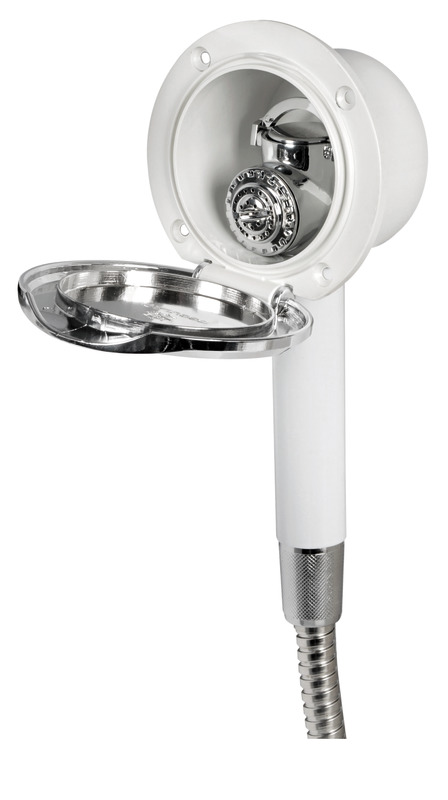 Doccia in ottone cromato, vano di alloggiamento bianco in ASA UV resistente.
