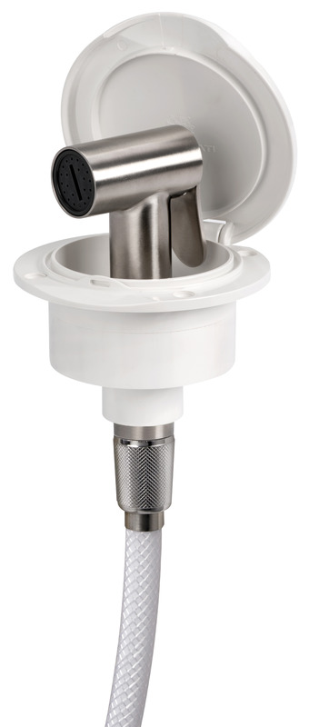 Doccia in acciaio inox, vano di alloggiamento bianco in ASA UV resistente.
