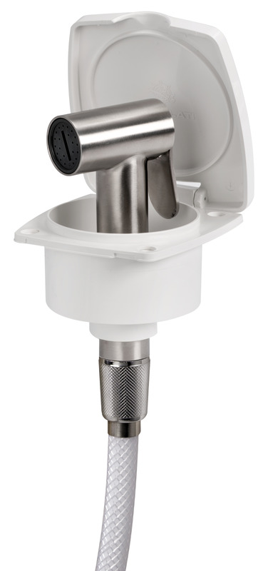 Doccia in acciaio inox, vano di alloggiamento bianco in ASA UV resistente.