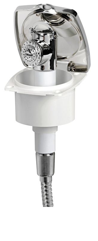 Doccia in ottone cromato, vano di alloggiamento bianco in ASA UV resistente.