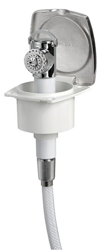 Doccia in ottone cromato, vano di alloggiamento bianco in ASA UV resistente.