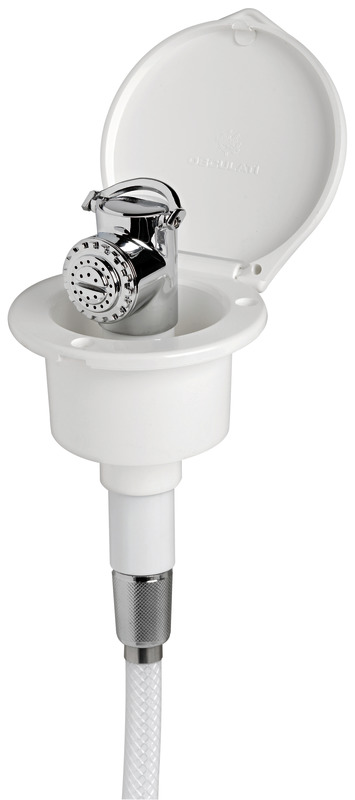 Doccia in ottone cromato, vano di allaggiamento bianco in ASA UV resistente. Sporgenza interna 45 mm.