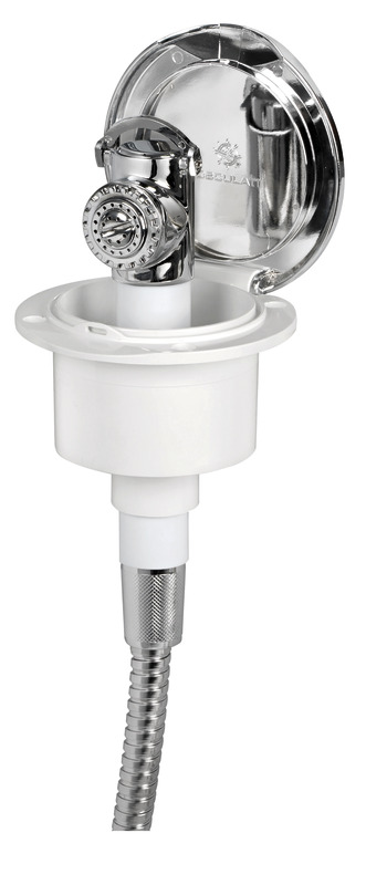Doccia in ottone cromato, vano di alloggiamento bianco in ASA UV resistente.