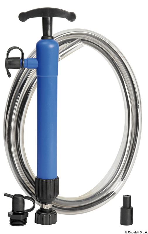 Completa di tubo in nylon da inserire al posto dell’astina olio e di tubo scarico. Adatta anche per svuotamento sentine disagiate.