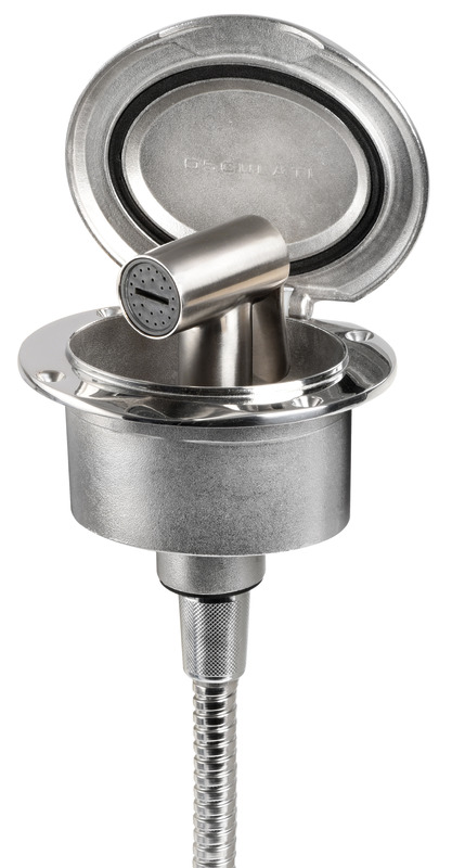 Vano doccia in acciaio inox AISI 316 con sportello autoreggente. Dotato di doccia Tiger in acciaio inox e boccola interna in gomma antivibrante.