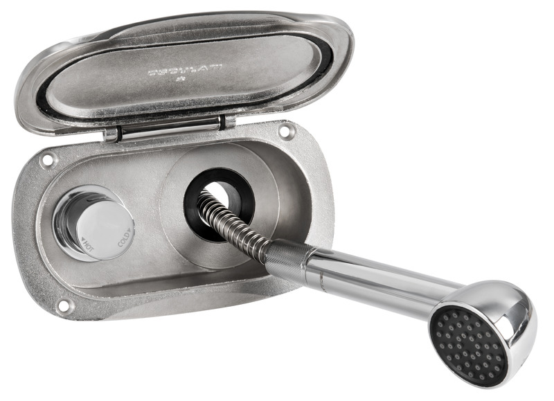 Vano doccia in acciaio inox AISI 316 con sportello autoreggente/frizionato. Doccetta Keji in plastica cromata e testa maggiorata. Boccola interna antivibrante. Miscelatore a pomello cilindrico.