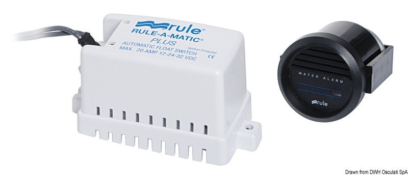 Formato da un automatismo per pompe modello Rule-A-Matic-Plus + strumento circolare da incasso che informa con un segnale acustico da 85 db + allarme ottico della presenza di acqua.