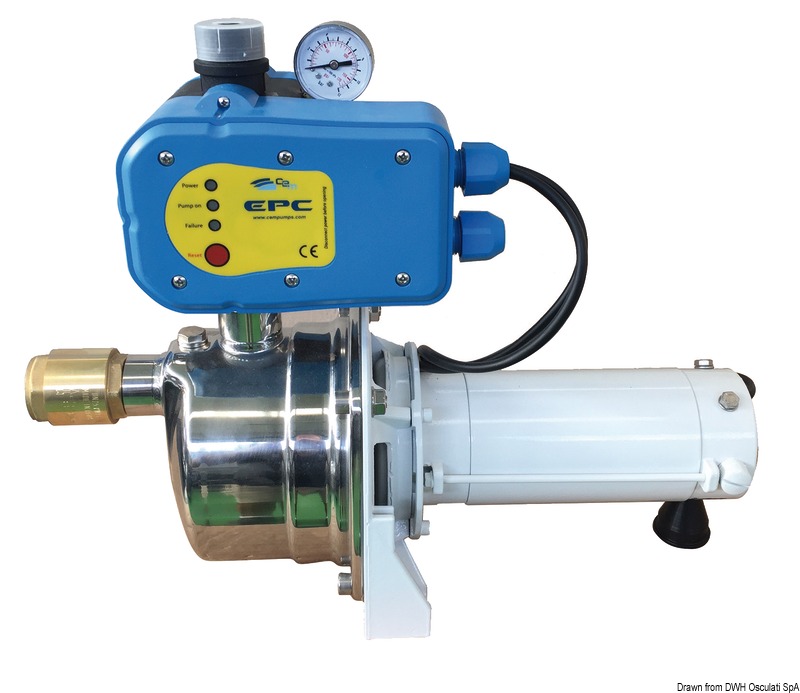Corpo pompa in acciaio inox. Pompa autoadescante.Sistema EPC (Electronic Pressure Control): arresto automatico della pompa all’esaurimento della riserva d’acqua (proteggendo la pompa stessa da dannose marce a secco),Monitoraggio costante del funzionamento mediante spie luminose: luce verde “Line”= pompa in funzione; luce rossa = ”Failure”: pompa non in funzione a causa di una anomalia (es. esaurimento acqua).Pressione dell’acqua costante durante l’erogazione. Ingombri ridotti rispetto all’autoclave tradizionale con serbatoio.