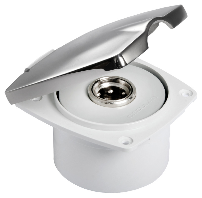 Si collega alla rete idrica di bordo (acqua dolce) o alla pompa Washdown (acqua salata) e mantiene in pressione la linea. Il tubo di lavaggio si innesta a scatto nella presa e fa automaticamente partire la pompa. Box in ASA resistente agli UV, meccanismo in ottone cromato.