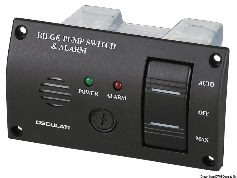 IP43. Modello con copertura posteriore. Completo di:- interruttore ON-OFF-M.ON per azionare la pompa in automatico oppure in manuale, con LED di controllo;- allarme luminoso e sonoro 80 db per segnalazione acqua in sentina;- fusibile max 5A.