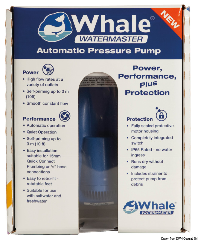 Evoluzione della Universal, la Watermaster a 4 valvole con pressostato automatico è ancora più silenziosa e assicura un flusso potente, adatto per impianti fino a 4 utenze. La carcassa esterna integrale garantisce protezione IP65. Autoadescante fino a 3 metri, può funzionare senza problemi anche a secco o con acqua salata. È dotata di un terzo filo che può essere collegato ad una spia che ne indica il funzionamento. Fornita con filtro aspirazione.