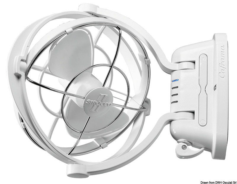 Può direzionare il flusso in ogni direzione 360°. Rimane molto piatto contro la parete quando non in uso.Funziona a 12/24V ed ha un timer integrato di auto spegnimento a 3,6,9 e 12 ore.