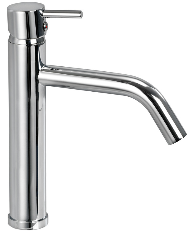 Rubinetto in ottone cromato. Da usare con lavabo sporgenti applicati sul piano.