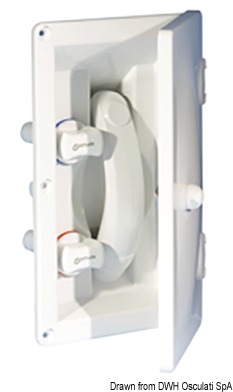 Tubazione sfilabile collegata alla doccia da 2,10 m. Portagomma per collegamento acqua filettato da 1/2” in ABS bianco.