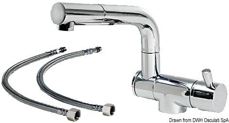 In ottone cromato. Può essere montato all'interno del lavello al fine di avere il piano completamente liscio.
