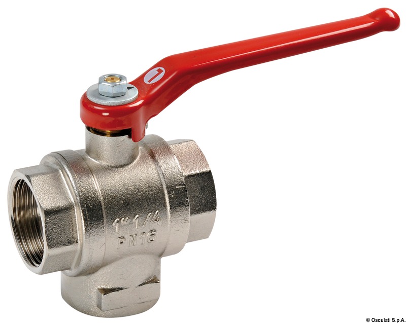 Deviatrice, corpo in ottone nichelato. Comando a leva in acciaio verniciata rossa. Temperatura di lavoro da -10° a +100°.Per impianti idrici, benzina, riscaldamento e fluidi non corrosivi.