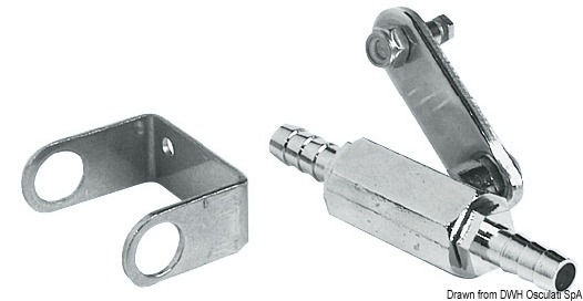 Movimento a sfera, regolamentare RINA. Braccetto per comando a distanza. Completo di supporto a parete e due portagomma da 1/4”x10 mm, con il supporto si monta lungo la tubazione, senza il supporto si monta direttamente sul serbatoio.