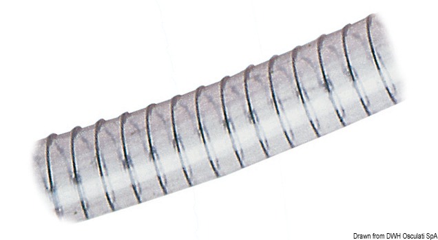 In PVC trasparente con spirale in acciaio. Molto morbido, accetta, senza schiacciarsi, curve pari ad una volta il diametro esterno. Ideale per prese e scarichi a mare. Tubo alimentare a norma CE. Temperatura di impiego -10°C +60°C.