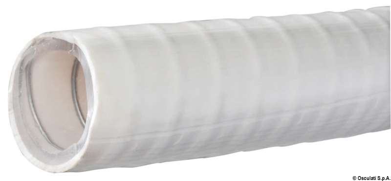 In PVC bianco anti traspirazione odori, con spirale interna in acciaio, molto flessibile e robusto. Temperatura di impiego -15°C +60°C.